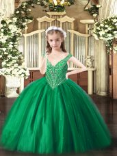 Custom Design Green Lace Up Custom Made Beading Sleeveless Floor Length