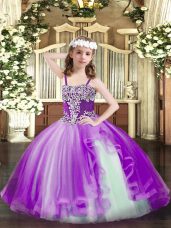 Purple Ball Gowns Tulle Straps Sleeveless Appliques Floor Length Lace Up Party Dress for Toddlers