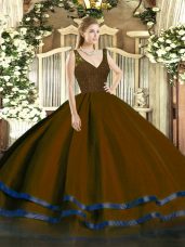 Stylish Brown Quince Ball Gowns Sweet 16 and Quinceanera with Beading and Ruffled Layers V-neck Sleeveless Zipper