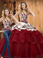 Wine Red Ball Gown Prom Dress Organza Sweep Train Sleeveless Embroidery