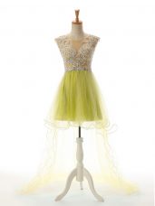 Artistic Olive Green Sleeveless High Low Appliques Backless Prom Dress