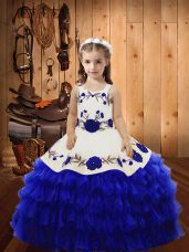 Sleeveless Organza Floor Length Lace Up Womens Party Dresses in Royal Blue with Embroidery and Ruffled Layers