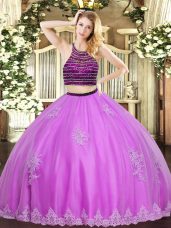 Luxury Halter Top Sleeveless Tulle Quince Ball Gowns Beading and Appliques Zipper