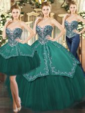 Dark Green Ball Gowns Sweetheart Sleeveless Tulle Floor Length Lace Up Beading and Appliques 15th Birthday Dress