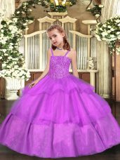 Organza Straps Sleeveless Lace Up Beading and Ruffled Layers Little Girls Pageant Gowns in Lilac