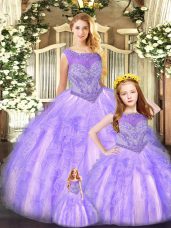 Lavender Quinceanera Gowns Military Ball and Sweet 16 and Quinceanera with Beading and Ruffles Scoop Sleeveless Lace Up