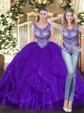 Graceful Sleeveless Floor Length Beading and Ruffles Lace Up Ball Gown Prom Dress with Purple