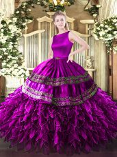 Admirable Fuchsia Sleeveless Satin and Organza Clasp Handle 15 Quinceanera Dress for Military Ball and Sweet 16 and Quinceanera