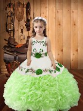 Latest Yellow Green Straps Lace Up Embroidery and Ruffles Pageant Dress for Teens Sleeveless