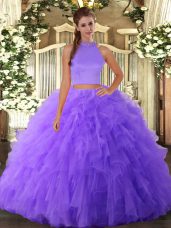 Lavender Two Pieces Beading and Ruffles Quinceanera Gowns Backless Tulle Sleeveless Floor Length