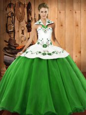 Pretty Green Halter Top Lace Up Embroidery Sweet 16 Dresses Sleeveless