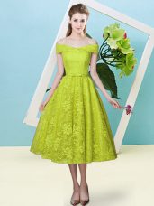 Customized Olive Green Off The Shoulder Neckline Bowknot Dama Dress Cap Sleeves Lace Up
