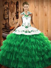 Glamorous Green Ball Gowns Halter Top Long Sleeves Satin and Organza Floor Length Lace Up Embroidery and Ruffled Layers Quinceanera Dresses
