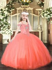 Floor Length Coral Red Girls Pageant Dresses Tulle Sleeveless Beading