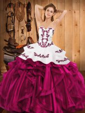 Fuchsia Sleeveless Floor Length Embroidery and Ruffles Lace Up Sweet 16 Dress