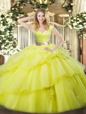 Vintage Sleeveless Organza Floor Length Zipper Ball Gown Prom Dress in Yellow Green with Ruffled Layers