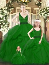 Glittering Green Organza Zipper V-neck Sleeveless Floor Length Sweet 16 Quinceanera Dress Ruffles