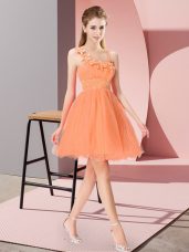 Fine Asymmetric Sleeveless Prom Gown Mini Length Beading and Hand Made Flower Orange Red Organza