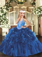 High End V-neck Sleeveless Lace Up Little Girls Pageant Dress Blue Organza