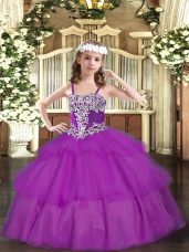 Fuchsia Sleeveless Appliques and Ruffled Layers Floor Length Little Girls Pageant Dress