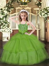 Beading and Ruffled Layers Girls Pageant Dresses Green Lace Up Sleeveless Floor Length