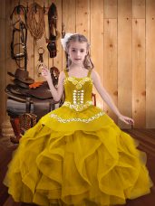 Gold Straps Lace Up Embroidery and Ruffles Pageant Dress Womens Sleeveless
