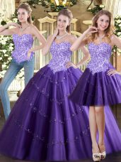 Floor Length Lace Up Quinceanera Gown Purple for Military Ball and Sweet 16 and Quinceanera with Beading