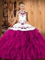 Delicate Sleeveless Floor Length Embroidery and Ruffles Lace Up Quinceanera Dress with Fuchsia