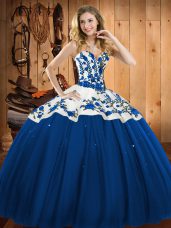 Blue Ball Gowns Embroidery 15th Birthday Dress Lace Up Satin and Tulle Sleeveless Floor Length
