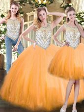 New Arrival Three Pieces Quinceanera Gown Orange Red Scoop Tulle Sleeveless Floor Length Zipper