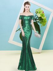 Dark Green Short Sleeves Floor Length Sequins Zipper Evening Dress