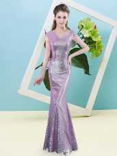 Lilac Mermaid V-neck Cap Sleeves Sequined Floor Length Zipper Sequins