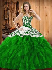 Green Satin and Organza Lace Up 15th Birthday Dress Sleeveless Floor Length Embroidery and Ruffles
