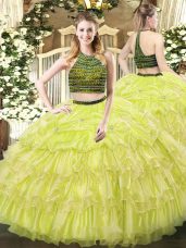 Admirable Yellow Green Organza Zipper Halter Top Sleeveless Floor Length 15th Birthday Dress Beading and Ruffled Layers