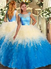 Lace and Ruffles Quince Ball Gowns Multi-color Backless Sleeveless Floor Length