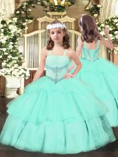 Apple Green Sleeveless Floor Length Beading and Ruffled Layers Lace Up Little Girls Pageant Gowns