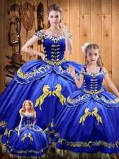 Latest Ball Gowns Quinceanera Dress Royal Blue Off The Shoulder Satin and Organza Sleeveless Floor Length Lace Up