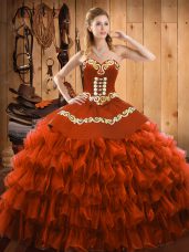 Pretty Rust Red Sleeveless Floor Length Embroidery and Ruffled Layers Lace Up Quinceanera Gowns