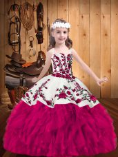 Admirable Fuchsia Lace Up Straps Embroidery Pageant Dress Toddler Organza Sleeveless