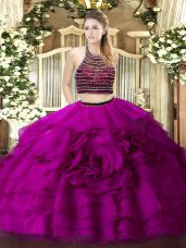 Tulle Halter Top Sleeveless Zipper Beading and Ruffled Layers 15 Quinceanera Dress in Fuchsia