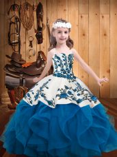 Best Floor Length Lace Up Pageant Dress for Teens Blue for Party and Sweet 16 and Quinceanera and Wedding Party with Embroidery and Ruffles