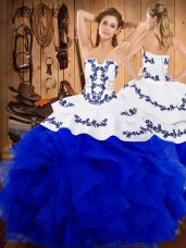 Glorious Strapless Sleeveless Lace Up Quince Ball Gowns Blue And White Satin and Organza