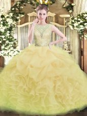 Vintage Lace and Ruffles Quinceanera Gowns Yellow Green Backless Sleeveless Floor Length