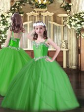 Sweep Train Ball Gowns Pageant Gowns For Girls Green Straps Tulle Sleeveless Lace Up