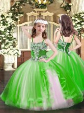 Green Tulle Lace Up Straps Sleeveless Floor Length Custom Made Pageant Dress Appliques