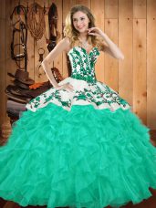 Turquoise Ball Gowns Sweetheart Sleeveless Satin and Organza Floor Length Lace Up Embroidery and Ruffles Sweet 16 Dress