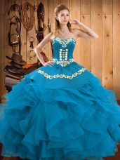 Teal Ball Gowns Sweetheart Sleeveless Satin and Organza Floor Length Lace Up Embroidery and Ruffles Quinceanera Gowns