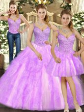 Top Selling Floor Length Lace Up Quinceanera Dresses Lilac for Military Ball and Sweet 16 and Quinceanera with Beading and Ruffles
