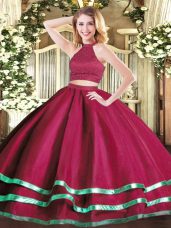 Ideal Sleeveless Tulle Floor Length Backless Quince Ball Gowns in Fuchsia with Beading