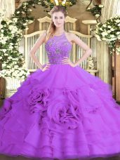 Custom Design Sleeveless Tulle Floor Length Zipper Quinceanera Gown in Eggplant Purple with Beading and Ruffled Layers
